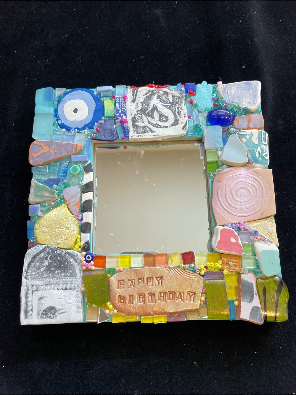 Handmade Mosaic  “ Happy Birthday “Polymer Clay Mirror OriginalOn Wood 8”x8”